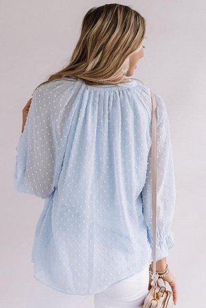 Голубая свободная блуза в горошек с V-образным вырезом и пышными рукавами