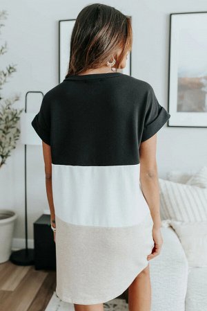 Трехцветное платье-футболка с подкатанными рукавами: черный, белый, бежевый