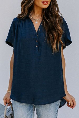 Темно-синяя асимметричная блуза с V-образным вырезом на пуговицах и короткими рукавами