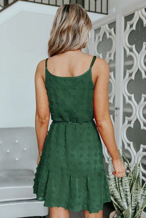 Зеленое мини-платье в швейцарский горошек с завязками на поясе