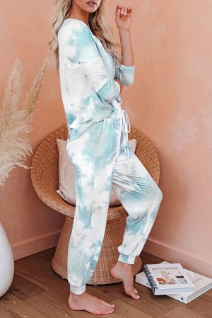 Легкий бело-голубой вязаный комплект: блуза + джоггеры