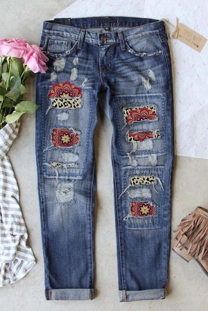 Голубые прямые джинсы с высокой талией с леопардовым и цветочным принтом в стиле пэчворк