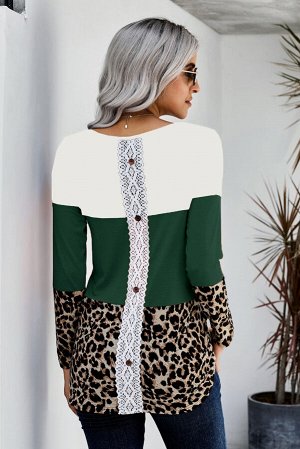 Зеленая леопардовая блуза с длинными рукавами и разноцветными вставками в стиле пэчворк