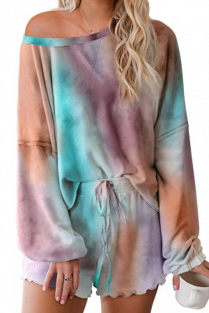 Сиреневый пижамный комплект с разноцветным принтом: блуза на одно плечо + шорты
