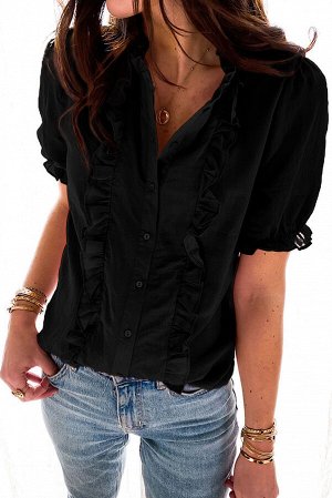 Черная блуза с короткими рукавами и рюшами