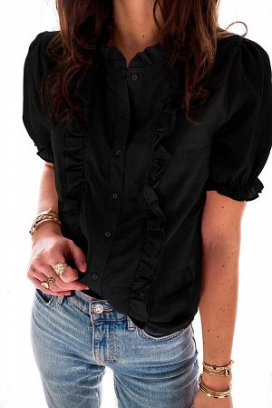 Черная блуза с короткими рукавами и рюшами