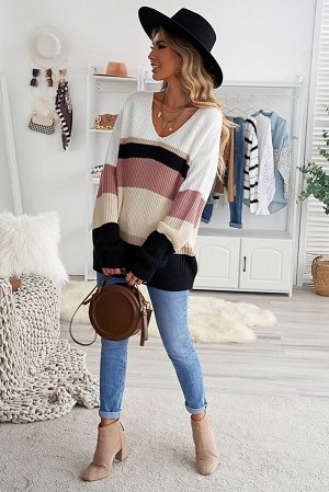 Бежевый вязаный свитер оверсайз в разноцветную полоску