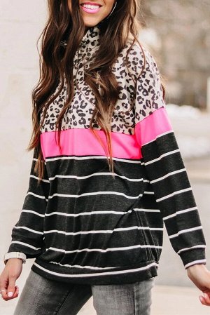 Черный полосатый пуловер-свитшот с леопардовым принтом и розовой полосой