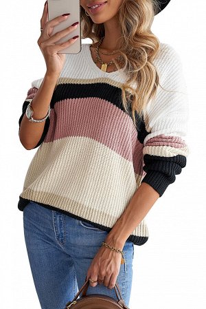 Бежевый вязаный свитер оверсайз в разноцветную полоску