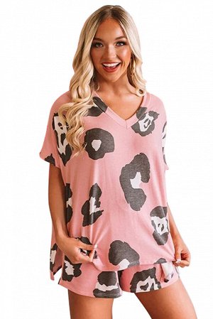 Розовый пижамный комплект с леопардовым принтом: футболка + шорты