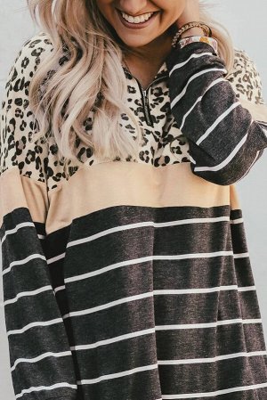 Черный полосатый пуловер-свитшот с леопардовым принтом и бежевой полосой