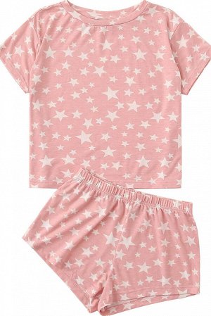 Розовый пижамный комплект с белым звездным принтом: футболка + шорты