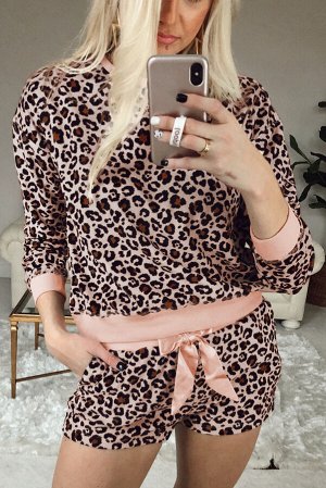 Розовый леопардовый пижамный комплект: свитшот + шорты