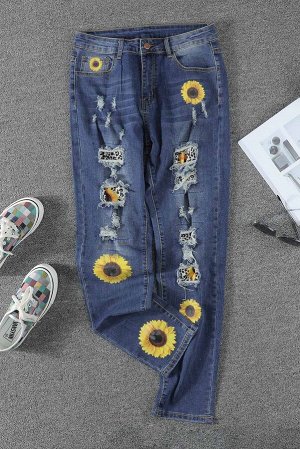 Голубые прямые джинсы с высокой талией с принтом подсолнухи в стиле пэчворк