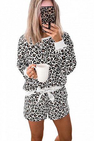Белый леопардовый пижамный комплект: свитшот + шорты