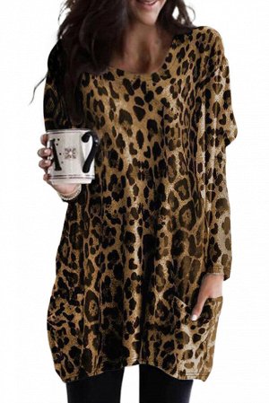 Коричневый леопардовый джемпер-туника с длинными рукавами и карманами