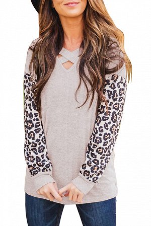 Бежевая блузка с перекрестным V-образным вырезом и рукавами с леопардовым принтом
