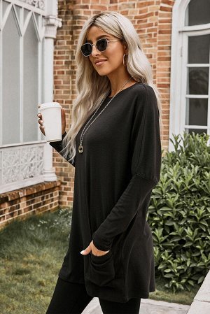 Черный длинный пуловер-свитшот с карманами