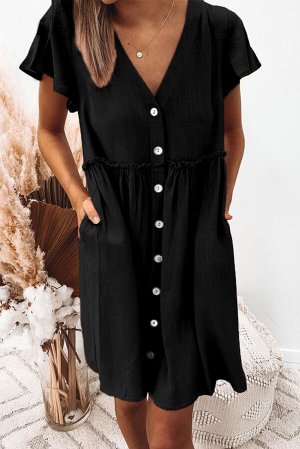 Черное платье беби-долл с V-образным вырезом и застежкой на пуговицах