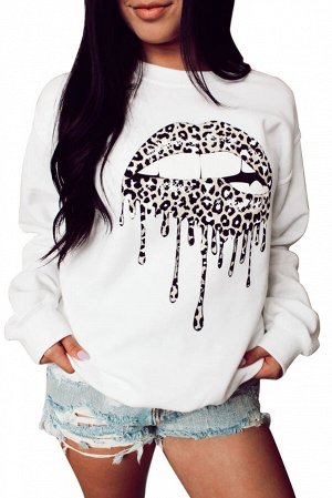 Белый пуловер-свитшот с принтом леопардовые губы