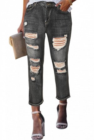 Темно-серые укороченные джинсы с потертостями и разрезами