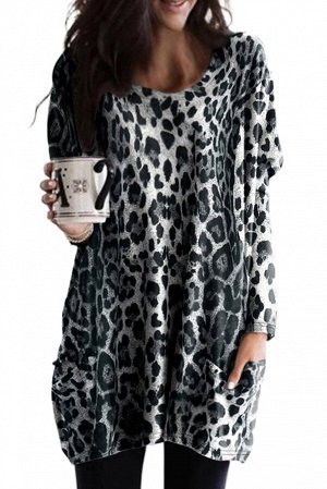 Серый леопардовый джемпер-туника с длинными рукавами и карманами
