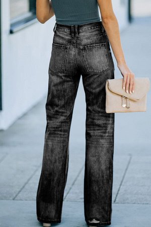 Темно-серые потертые рваные расклешенные джинсы с высокой посадкой