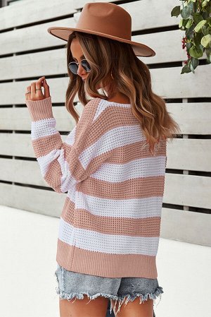 Бежево-белый полосатый вязаный свитер