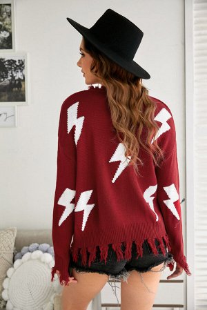 Красный свитер с бахромой и принтом молнии