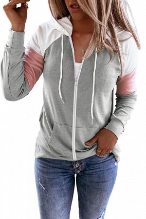 Gray Color Block Zip Up Kangaroo Pocket Drawstring Hoodie