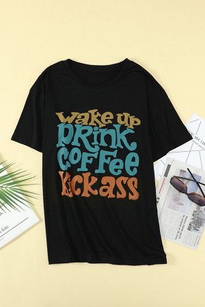 Черная футболка плюс сайз с разноцветной надписью: WAKE UP DRINK COFFEЕ KICKASS