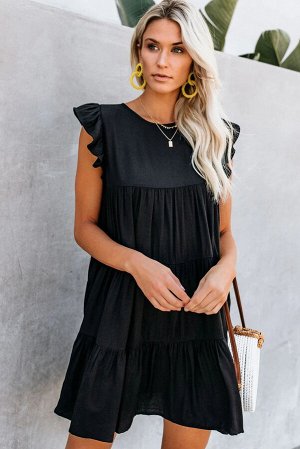 Черное многоярусное мини-платье с рюшами и карманами