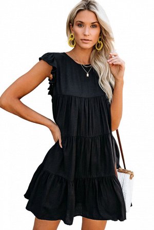 Черное многоярусное мини-платье с рюшами и карманами