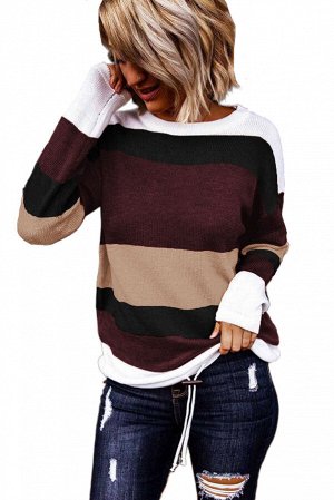 Бордовый вязаный свитер в разноцветную полоску
