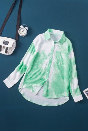 Зелено-белая свободная рубашка на пуговицах с карманом