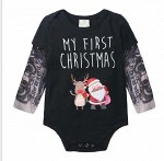 Детский боди, принт &quot;Олень с Сантой&quot;, принт &quot;Татуировки&quot;, надпись &quot;My first Christmas&quot;, цвет черный/серый