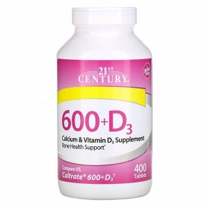 21st Century, 600+D3, добавка с кальцием и витамином D3, 400 таблеток