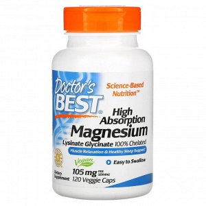 Doctor's Best, легкоусвояемый магний, на 100% в хелатной форме, лизинат и глицинат, 52.5 мг, 120 вегетарианских капсул