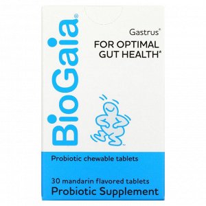 BioGaia, Gastrus, пробиотики для здоровья кишечника, со вкусом мандарина, 30 жевательных таблеток
