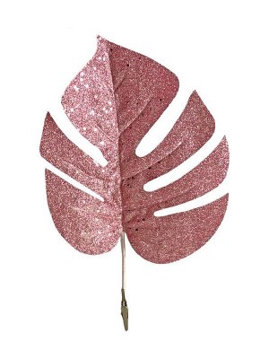 Новогоднее ёлочное украшение Монстера розовый глиттер из полиэстера, на клипсе из черного металла / 32x20x1см арт.87823