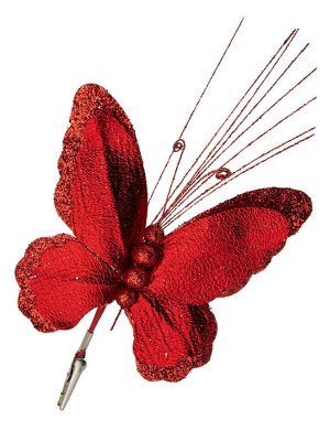 Новогоднее ёлочное украшение Красная фольга бабочка из полиэстера, на клипсе из черного металла / 19x34x2см арт.87466