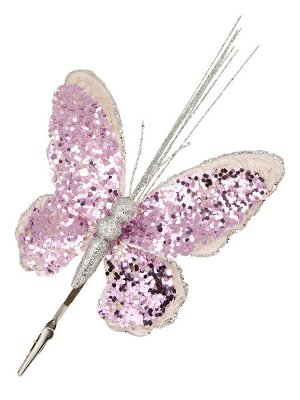 Новогоднее ёлочное украшение Розовая бабочка из полиэстера, на клипсе из черного металла / 17x36x2см арт.87462
