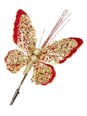 Новогоднее ёлочное украшение Красная бабочка из полиэстера, на клипсе из черного металла / 17x36x2см арт.87461