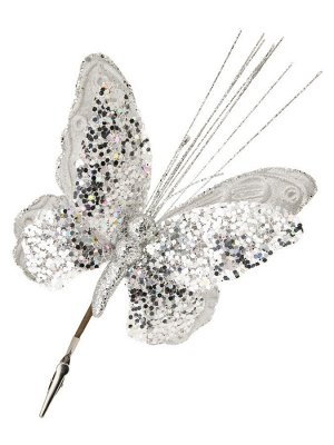 Новогоднее ёлочное украшение Серебрянная бабочка из полиэстера, на клипсе из черного металла / 17x36x2см арт.87460