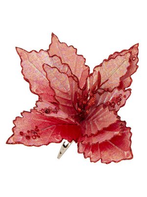 Новогоднее ёлочное украшение Красный блестящий цветок из полиэстера, на клипсе из черного металла / 28x28x16см арт.87454