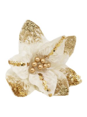 Новогоднее ёлочное украшение Бело-золотой бархат цветок из полиэстера, на клипсе из черного металла / 24x24x14см арт.87451