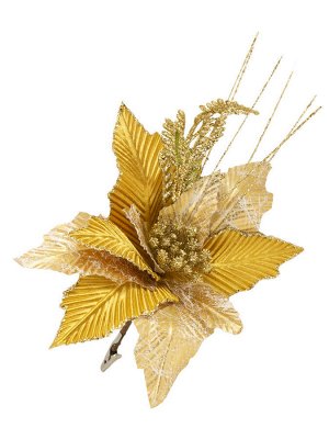 Новогоднее ёлочное украшение Золотой цветок с листиками из полиэстера, на клипсе из черного металла / 23x23x31см арт.87449