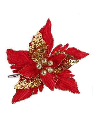 Новогоднее ёлочное украшение Красно-золотой цветок из полиэстера с креплением на клипсе из черного металла / 20х20х18см арт.87446