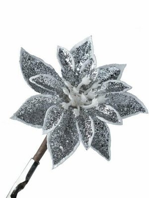 Новогоднее ёлочное украшение Цветок серебро из полиэстера, на клипсе из черного металла / 10x7x7см арт.87439