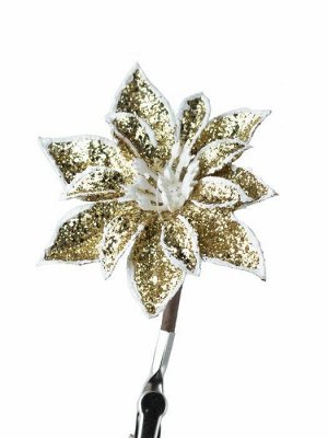 Новогоднее ёлочное украшение Цветок золото из полиэстера, на клипсе из черного металла / 10x7x7см арт.87438